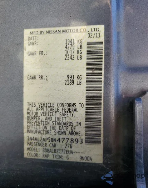 2011 Nissan Altima Base из США, поврежденный, VIN 1N4AL2AP5BN477893